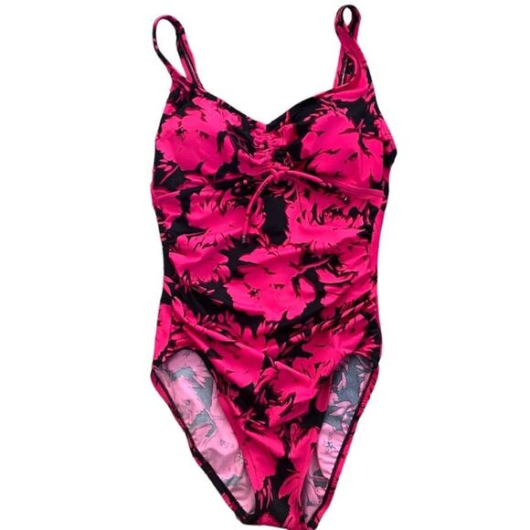 New Aqua Green Black Magenta Floral Print One Piece Swimsuit Small - Picture 1 of 4